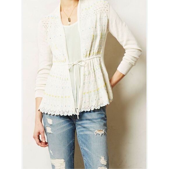 Moth Sweaters - Anthropologie Moth Lazuli Beaded White Tie Front Linen Blend Cardigan Sweater S